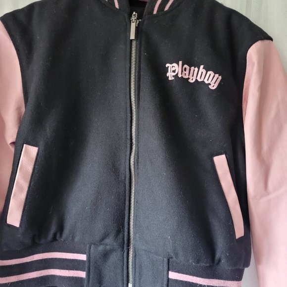 VTG Y2K Genuine Leather Wool Pink Playboy Bunny Reversible Varsity Jacket - Picture 3 of 12